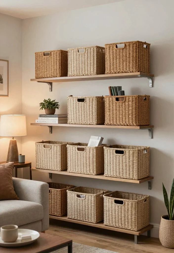 14 Living Room Wall Unit Ideas That Hide Clutter 14. Smart Storage Solutions with Baskets 0