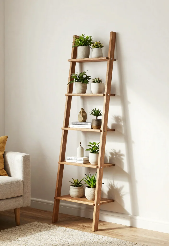 14 Living Room Wall Unit Ideas That Hide Clutter 5. Decorative Ladder Shelves for Artistic Display 0