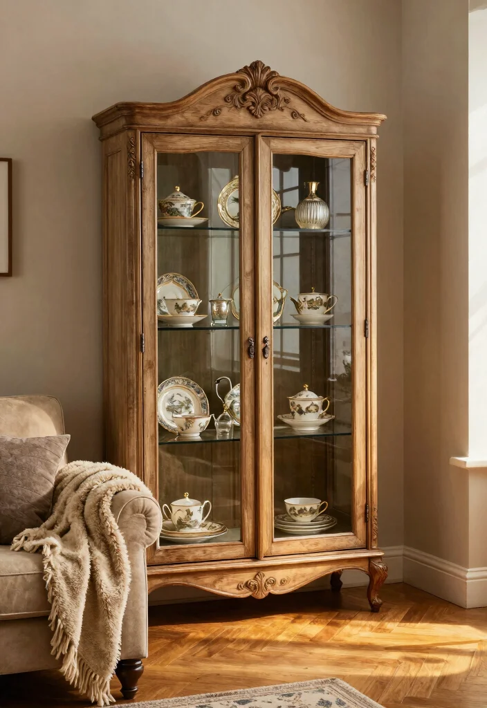 14 Living Room Wall Unit Ideas That Hide Clutter 7. Vintage Cabinet Units for a Touch of Elegance 0