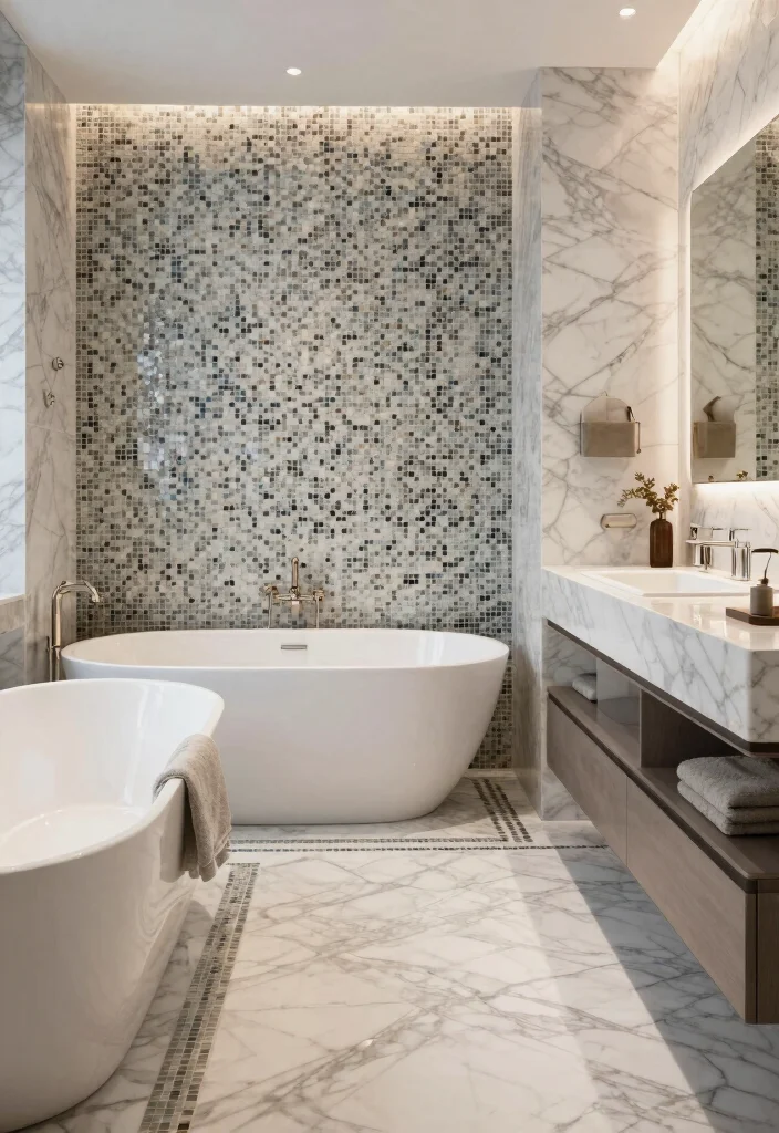 14 Marble Bathroom Ideas That Always Look Expensive 23 14 Marble Bathroom Ideas That Always Look Expensive 3. Marble Tiles with Mosaic Accents 0