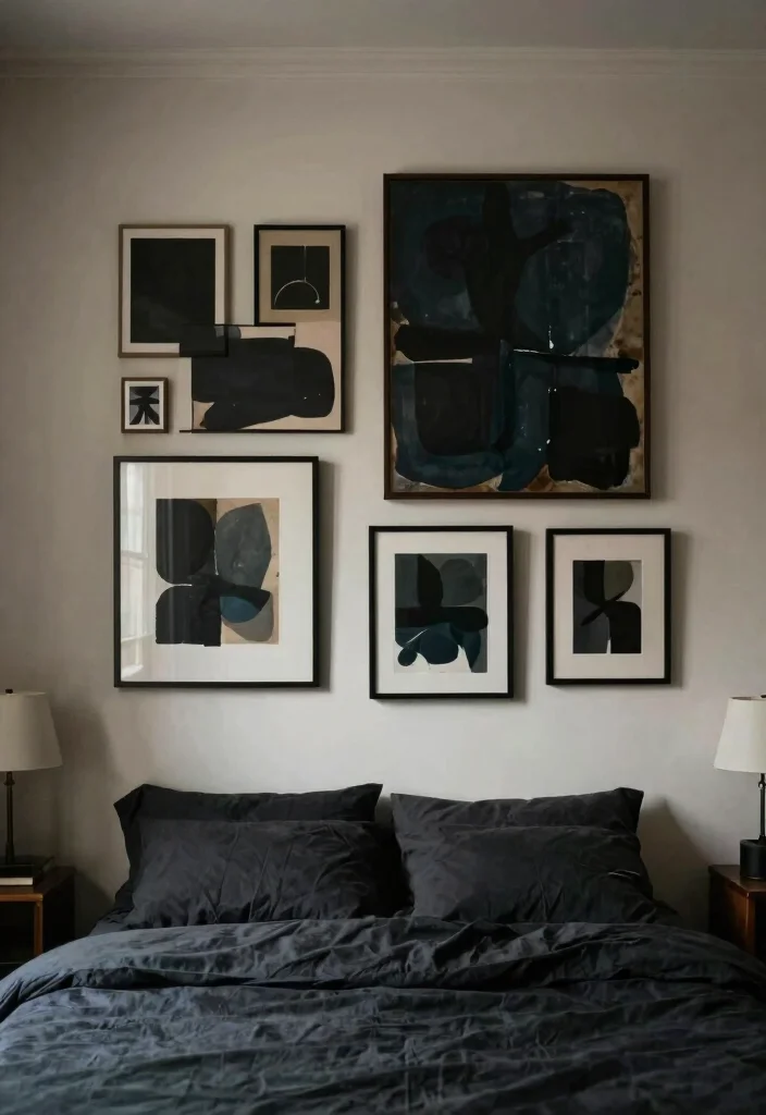 14 Moody Bedroom Ideas with Dark Cozy Atmosphere 10. Statement Wall Art 0