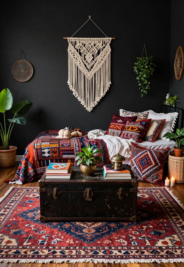 14 Moody Bedroom Ideas with Dark Cozy Atmosphere 4. Incorporate Dark Bohemian Elements 0