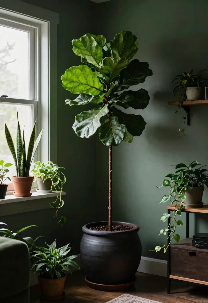 14 Moody Bedroom Ideas with Dark Cozy Atmosphere 5. Add Plants for Life and Color 0