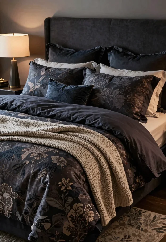 14 Moody Bedroom Ideas with Dark Cozy Atmosphere 6. Choose Statement Bedding 0