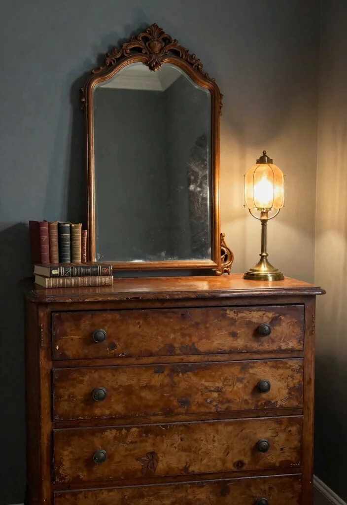 14 Moody Bedroom Ideas with Dark Cozy Atmosphere 8. Vintage Accents for Character 0