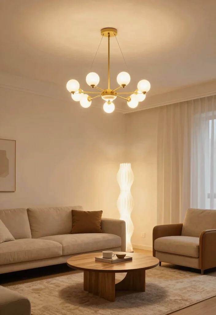 14 Neutral Living Room Ideas That Feel Calm and Elevated 4. Statement Lighting 0