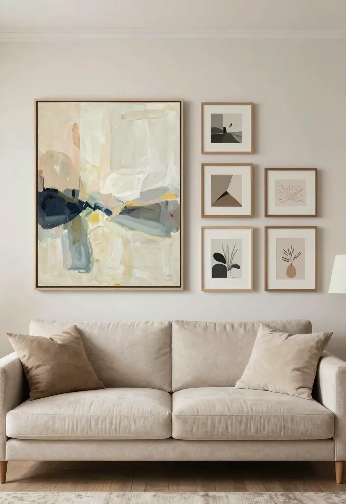 14 Neutral Living Room Ideas That Feel Calm and Elevated 7. Thoughtful Art Displays 0