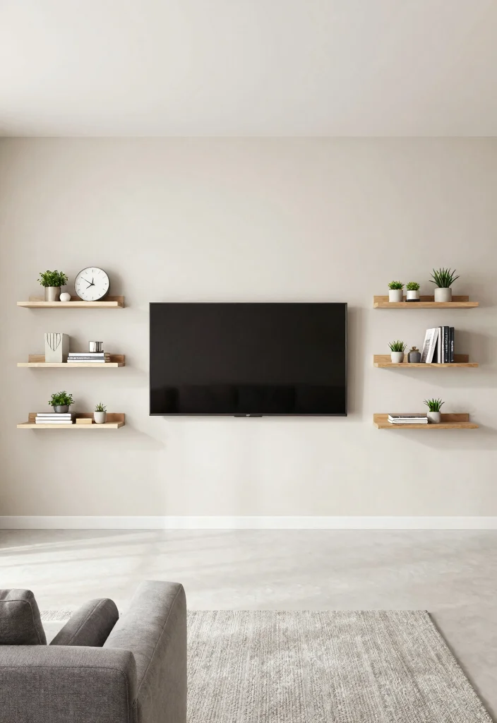14 TV Area Ideas for Living Rooms That Look Clean 1. Wall Mounted TV with Floating Shelves 0