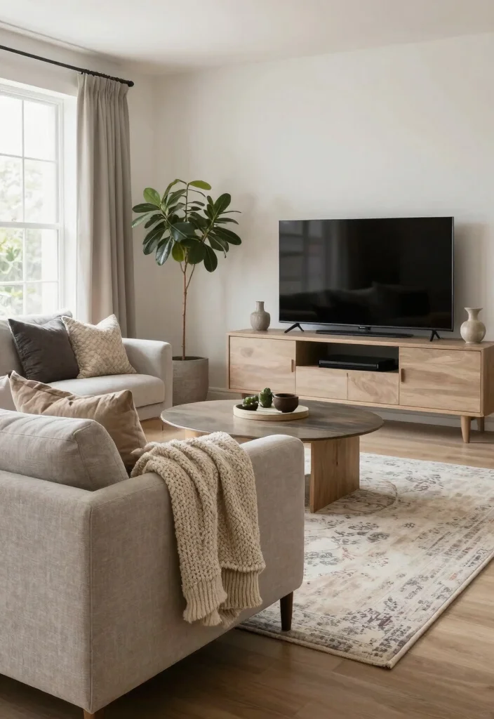 14 TV Area Ideas for Living Rooms That Look Clean 12. Layered Textiles for Comfort 0