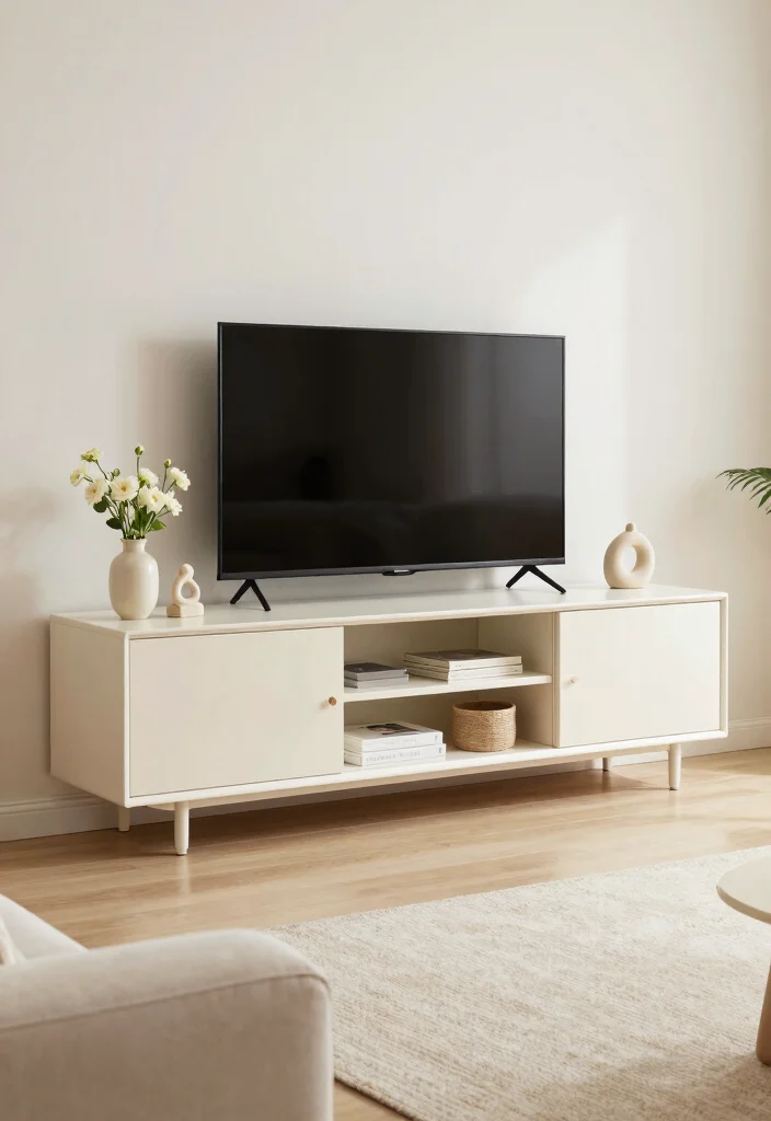 14 TV Area Ideas for Living Rooms That Look Clean 2. Minimalist TV Console with Soft Color Palette 0