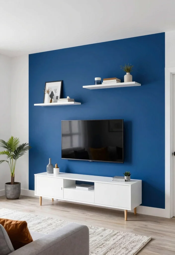 14 TV Area Ideas for Living Rooms That Look Clean 4. Colorful Accent Wall Behind the TV 0