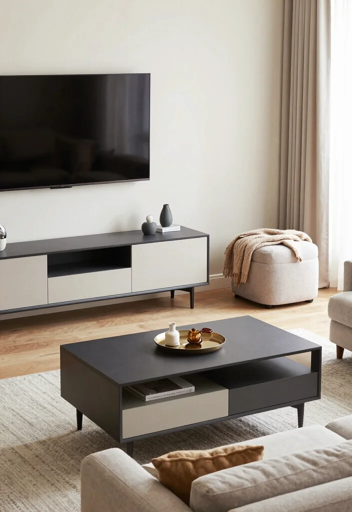14 TV Area Ideas for Living Rooms That Look Clean 6. Multi Functional Furniture 0