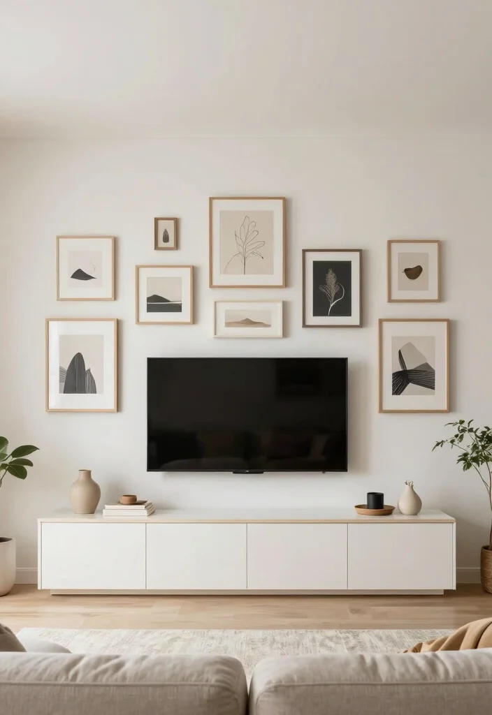 14 TV Area Ideas for Living Rooms That Look Clean 8. Minimalist Gallery Wall 0