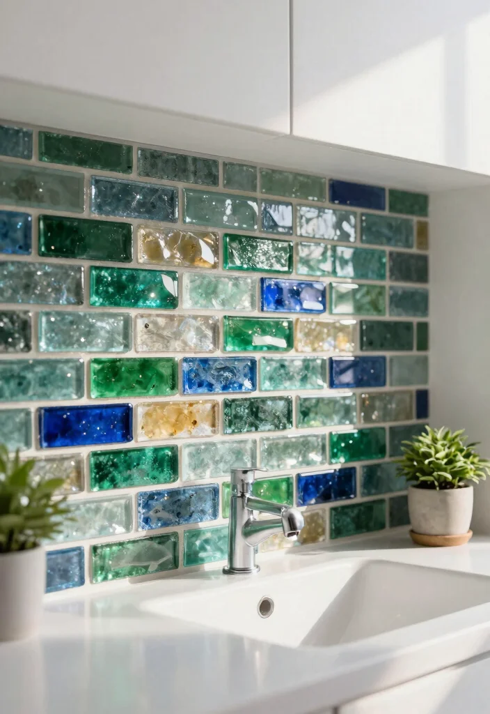 15 Bathroom Backsplash Ideas That Completely Change the Look 1. Upcycled Glass Tiles 0