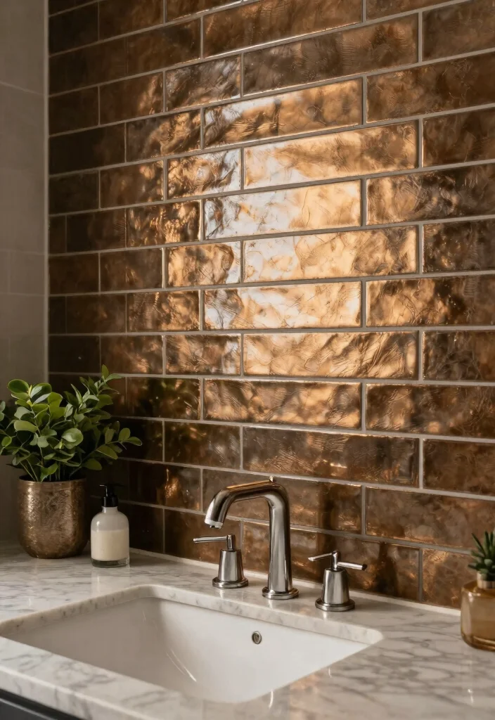 15 Bathroom Backsplash Ideas That Completely Change the Look 11. Metallic Finishes 0