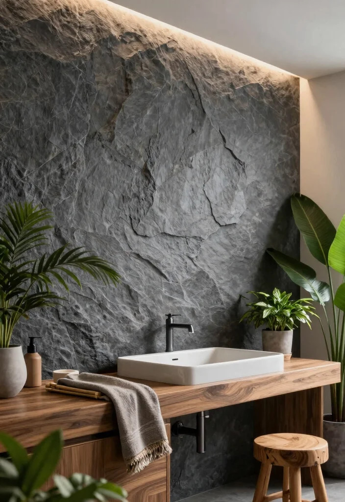 15 Bathroom Backsplash Ideas That Completely Change the Look 2. Natural Stone Slabs 0