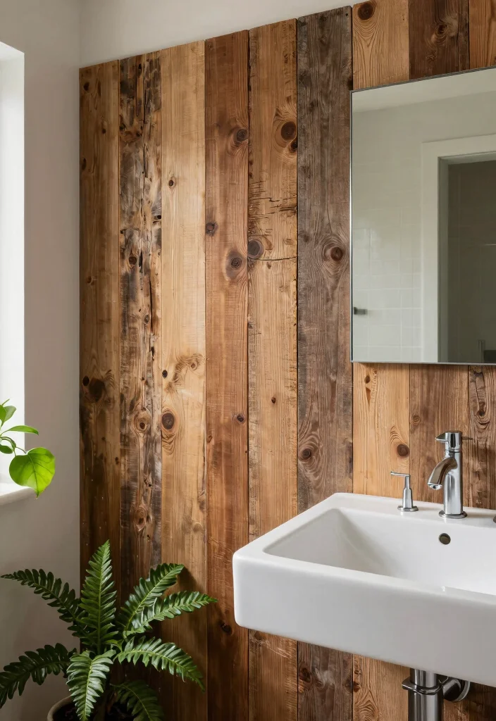 15 Bathroom Backsplash Ideas That Completely Change the Look 3. Reclaimed Wood Panels 0