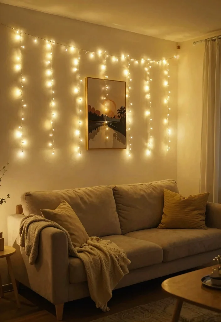 18 Living Room Wall Ideas That Completely Change the Space 10. String Lights as Decor 0