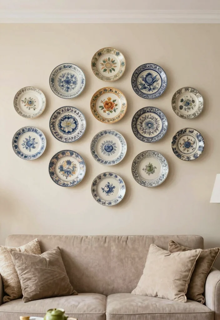 18 Living Room Wall Ideas That Completely Change the Space 15. Vintage Plate Displays 0