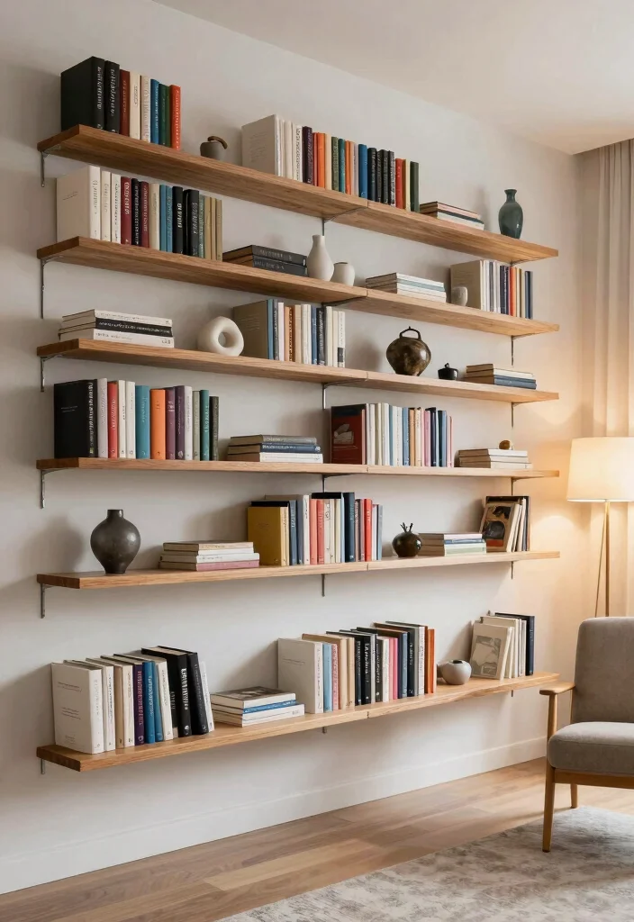 18 Living Room Wall Ideas That Completely Change the Space 9. Wall mounted Bookshelves 0